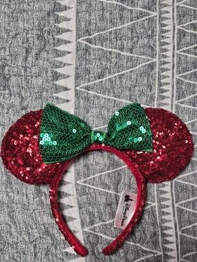 Disney Red Sequin Minnie Ears Headband with Green Bow